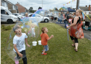 Giant bubble display entertainers.