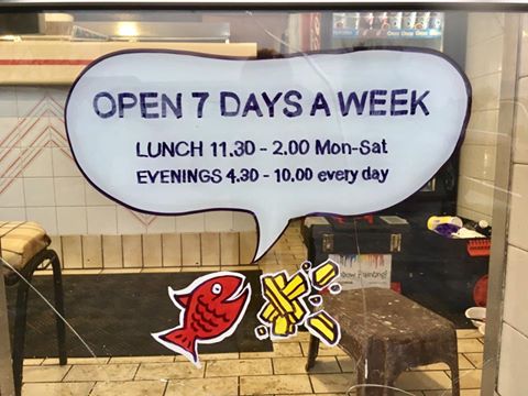 Chip shop window display painting Gloucester