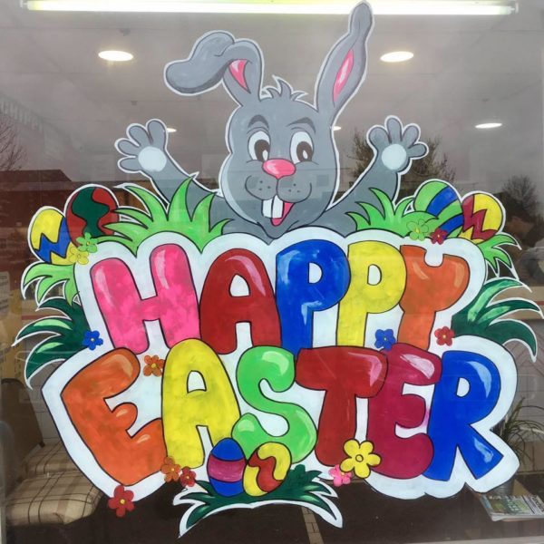 Easter bunny happy window display painting.